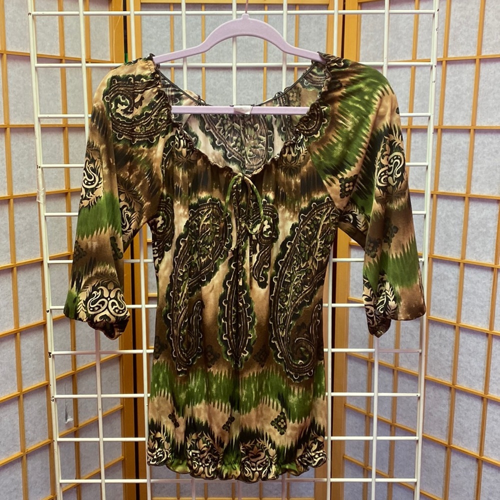 Agenda Brown and Green Patterned Top Size M